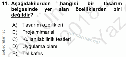 11. soru: Aşağıdakilerden hangisi bir tasarım belgesinde yer alan özelliklerden biri değildir? A) Tasarım özellikleri B) Proje…