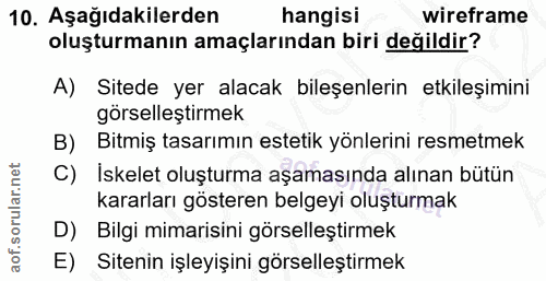 10. soru: Aşağıdakilerden hangisi wireframe oluşturmanın amaçlarından biri değildir? A) Sitede yer alacak bileşenlerin etkileşi…