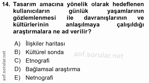 14. soru: Tasarım amacına yönelik olarak hedeflenen kullanıcıların günlük yaşamlarının gözlemlenmesi ile davranışlarının ve kül…