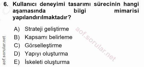 6. soru: Kullanıcı deneyimi tasarımı sürecinin hangi aşamasında bilgi mimarisi yapılandırılmaktadır? A) Strateji geliştirme B)…