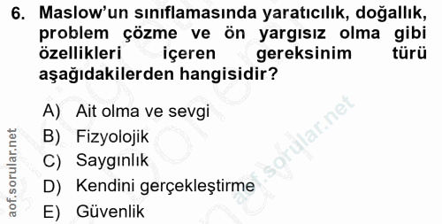 6. soru: Maslow'un sınıflamasında yaratıcılık, doğallık, oroblem çozme ve on yargısız olma gıbı ozellikleri içeren gereksinim…