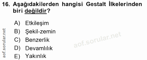 16. soru: Aşağıdakilerden hangisi Gestalt İlkelerinden biri değildir? A) Etkileşim B) Şekil-zemin C) Benzerlik D) Devamlılık E)…