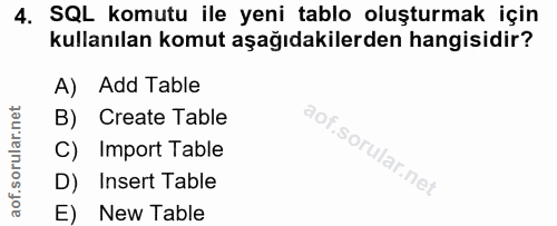 4. soru: SQL komutu ile yeni tablo oluşturmak için kullanılan komut aşağıdakilerden hangisidir? A) Add Table B) Create Table C…