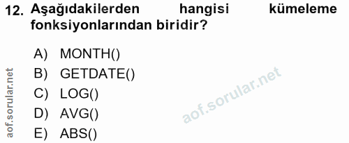 12. soru: Aşağıdakilerden hangisi kümeleme fonksiyonlarından biridir? A) MONTH() B) GETDATE() C) LOG() D) AVG() E) ABS()
