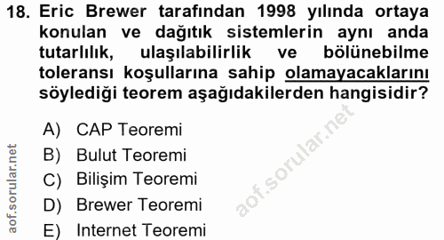 18. soru: Eric Brewer tarafından 1998 yılında ortaya konulan ve dağıtık sistemlerin aynı anda tutarlılık, ulaşılabilirlik ve bö…