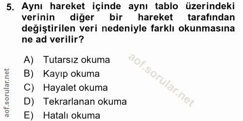 5. soru: Aynı hareket içinde aynı tablo üzerindeki verinin diğer bir hareket tarafından değiştirilen veri nedeniyle farklı oku…