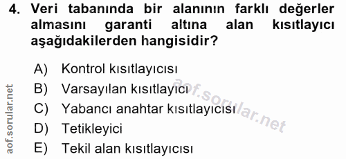 4. soru: Veri tabanında bir alanının farklı değerler almasını garanti altına alan kısıtlayıcı aşağıdakilerden hangisidir? A) K…