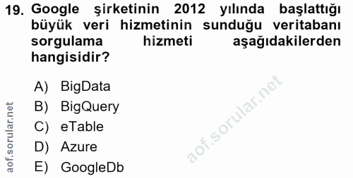 19. soru: Google şirketinin 2012 yılında başlattığı büyük veri hizmetinin sunduğu veritabanı sorgulama hizmeti aşağıdakilerden…