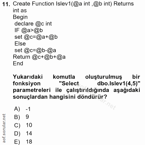 11. soru: Create Function Islev1 (@a int ,@b int) Returns int as Begin declare @c int IF @a>@b set @c=@a+@b Else set @c=@b-@a R…