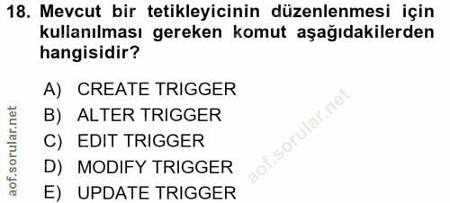 18. soru: Mevcut bir tetikleyicinin düzenlenmesi için kullanılması gereken komut aşağıdakilerden hangisidir? A) CREATE TRIGGER…