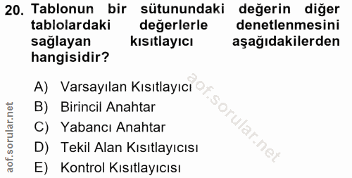 20. soru: Tablonun bir sütunundaki değerin diğer tablolardaki değerlerle denetlenmesini sağlayan kısıtlayıcı aşağıdakilerden ha…