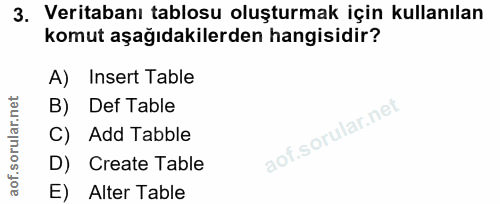 3. soru: Veritabanı tablosu oluşturmak için kullanılan komut aşağıdakilerden hangisidir? A) Insert Table B) Def Table C) Add T…