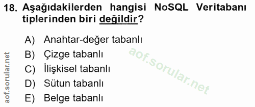 18. soru: Aşağıdakilerden hangisi NoSQL Veritabanı tiplerinden biri değildir? A) Anahtar-değer tabanlı B) Çizge tabanlı C) Iliş…