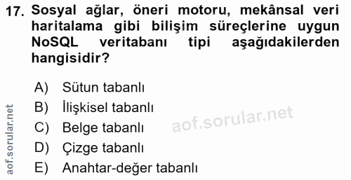17. soru: Sosyal ağlar, öneri motoru, mekânsal veri haritalama gibi bilişim süreçlerine uygun NoSQL veritabanı tipi aşağıdakile…