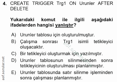 4. soru: CREATE TRIGGER Trg1 ON Urunler AFTER DELETE Yukarıdaki komut ile ilgili aşağıdaki ifadelerden hangisi yanlıştır? A) U…