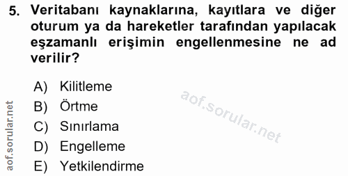 5. soru: Veritabanı kaynaklarına, kayıtlara ve diğer oturum ya da hareketler tarafından yapılacak eşzamanlı erişimin engellenm…