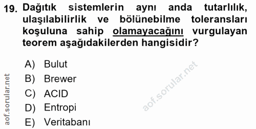 19. soru: Dağıtık sistemlerin aynı anda tutarlılık, ulaşılabilirlik ve bölünebilme toleransları koşuluna sahip olamayacağını vu…