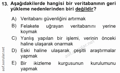 13. soru: Aşağıdakilerde hangisi bir veritabanının geri yükleme nedenlerinden biri değildir? A) Veritabanı güvenliğini artırmak…