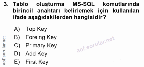 3. soru: Tablo oluşturma MS-SQL komutlarında birincil anahtarı belirlemek için kullanılan ifade aşağıdakilerden hangisidir? A)…