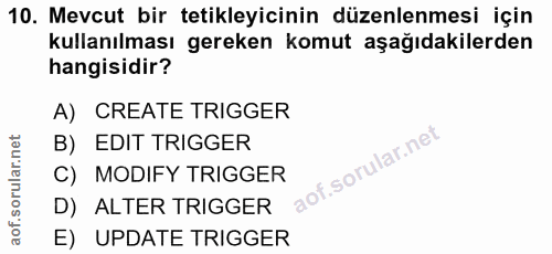 10. soru: Mevcut bir tetikleyicinin düzenlenmesi için kullanılması gereken komut aşağıdakilerden hangisidir? A) CREATE TRIGGER…