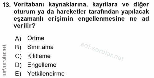 13. soru: Veritabanı kaynaklarına, kayıtlara ve diğer oturum ya da hareketler tarafından yapılacak eşzamanlı erişimin engellenm…