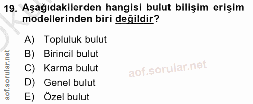 19. soru: Aşağıdakilerden hangisi bulut bilişim erişim modellerinden biri değildir? A) Topluluk bulut B) Birincil bulut C) Karm…