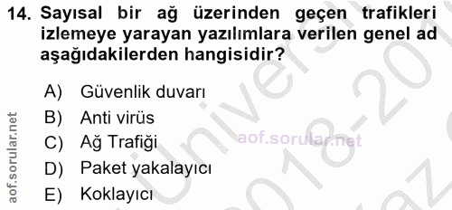 14. soru: Sayısal bir ağ üzerinden geçen trafikleri izlemeye yarayan yazılımlara verilen genel ad aşağıdakilerden hangisidir? A…
