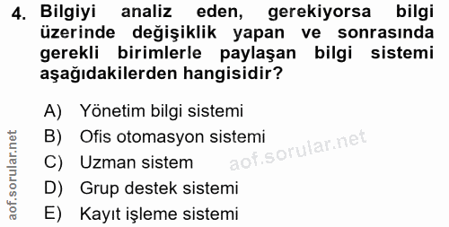 4. soru: Bilgiyi analiz eden, gerekiyorsa bilgi üzerinde değişiklik yapan ve sonrasında gerekli birimlerle paylaşan bilgi sist…