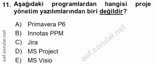 11. soru: Aşağıdaki programlardan hangisi proje yönetim yazılımlarından biri değildir? A) Primavera P6 B) Innotas PPM C) Jira D…