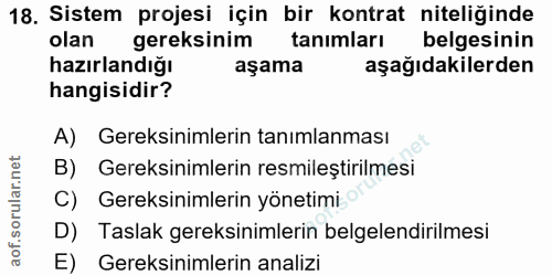 18. soru: Sistem projesi için bir kontrat niteliğinde olan gereksinim tanimları belgesinin hazırlandığı aşama aşağıdakilerden h…