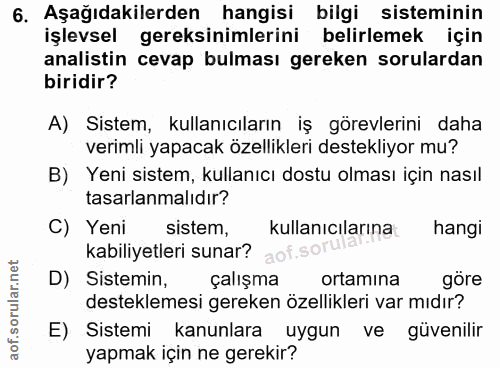6. soru: Aşağıdakilerden hangisi bilgi sisteminin işlevsel gereksinimlerini belirlemek için analistin cevap bulması gereken so…