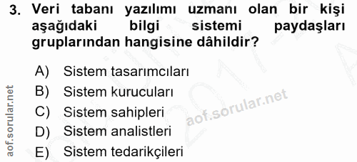 3. soru: Veri tabanı yazılımı uzmanı olan bir kişi aşağıdaki bilgi sistemi paydaşları gruplarından hangisine dâhildir? A) Sist…