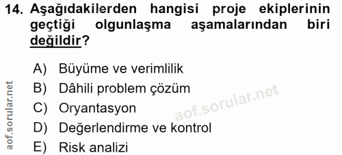 14. soru: Aşağıdakilerden hangisi proje ekiplerinin geçtiği olgunlaşma aşamalarından biri değildir? A) Büyüme ve verimlilik B)…