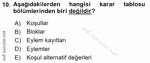 10. soru: Aşağıdakilerden hangisi karar tablosu bölümlerinden biri değildir? A) Koşullar B) Bloklar C) Eylem kayıtları D) Eylem…