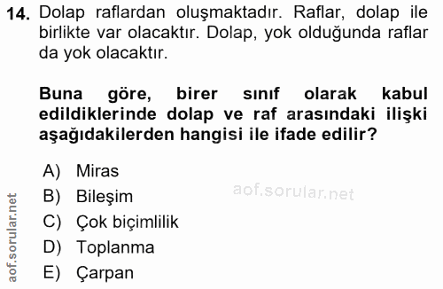 14. soru: Dolap raflardan oluşmaktadır. Raflar, dolap ile birlikte var olacaktır. Dolap, yok olduğunda raflar da yok olacaktır.…