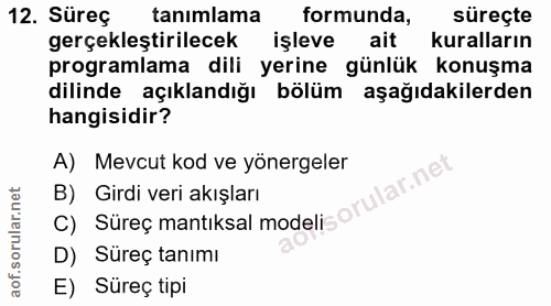 12. soru: Süreç tanımlama formunda, süreçte gerçekleştirilecek işleve ait kuralların programlama dili yerine günlük konuşma dil…