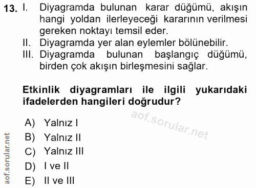 13. soru: l. Diyagramda bulunan karar düğümü, akışın hangi yoldan ilerleyeceğı kararının verilmesi gereken noktayı temsil eder.…
