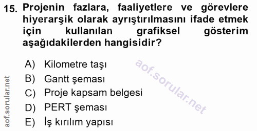 15. soru: Projenin fazlara, faaliyetlere ve görevlere hiyerarşik olarak ayrıştırılmasını ifade etmek için kullanılan grafiksel…
