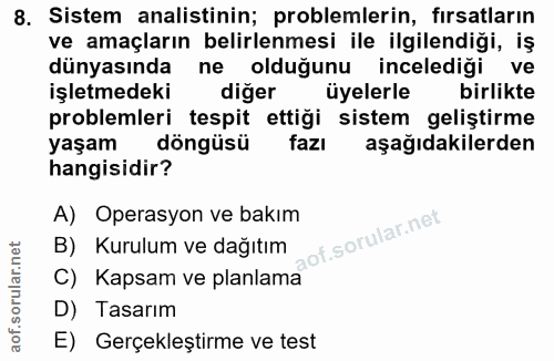 8. soru: Sistem analistinin; problemlerin, fırsatların ve amaçların belirlenmesi ile ilgilendiği, iş dünyasında ne olduğunu in…