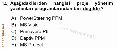 14. soru: Aşağıdakilerden hangisi proje yönetim yazılımları programlarından biri değildir? A) PowerSteering PPM B) MS Visio C)…