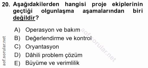 20. soru: Aşağıdakilerden hangisi proje ekiplerinin geçtiği olgunlaşma aşamalarından biri değildir? A) Operasyon ve bakım B) De…