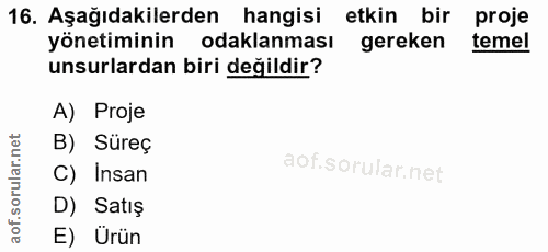 16. soru: Aşağıdakilerden hangisi etkin bir proje yönetiminin odaklanması gereken temel unsurlardan biri değildir? A) Proje B)…