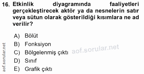 16. soru: Etkinlik diyagramında faaliyetleri gerçekleştirecek aktör ya da nesnelerin satır veya sütun olarak gösterildiği kısım…