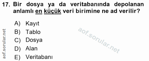 17. soru: Bir dosya ya da veritabanında depolanan anlamlı en küçük veri birimine ne ad verilir? A) Kayıt B) Tablo C) Dosya D) A…