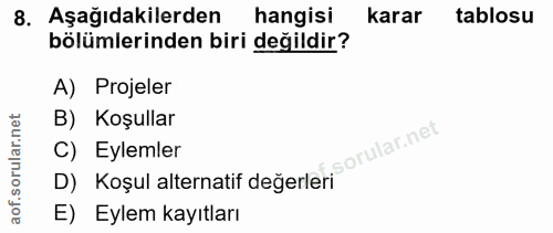 8. soru: Aşağıdakilerden hangisi karar tablosu bölümlerinden biri değildir? A) Projeler B) Koşullar C) Eylemler D) Koşul alter…