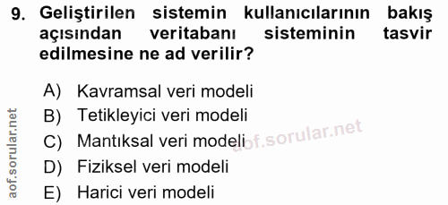 9. soru: Geliştirilen sistemin kullanıcılarının bakış açısından veritabanı sisteminin tasvir edilmesine ne ad verilir? A) Kavr…