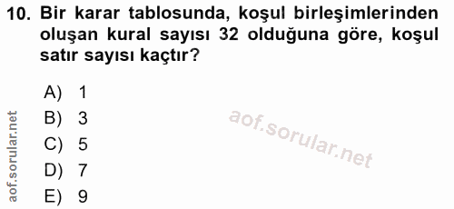 10. soru: Bir karar tablosunda, koşul birleşimlerinden oluşan kural sayısı 32 olduğuna göre, koşul satır sayısı kaçtır? A) 1 B)…