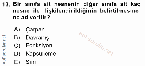 13. soru: Bir sınıfa ait nesnenin diğer sınıfa ait kaç nesne ile ilişkilendirildiğinin belirtilmesine ne ad verilir? A) Çarpan…