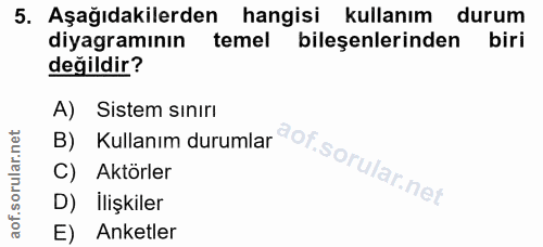 5. soru: Aşağıdakilerden hangisi kullanım durum diyagramının temel bileşenlerinden biri değildir? B) Kullanım durumlar* of sor…