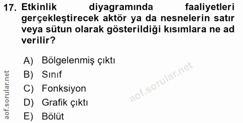 17. soru: Etkinlik diyagramında faaliyetleri gerçekleştirecek aktör ya da nesnelerin satır veya sütun olarak gösterildiği kısım…